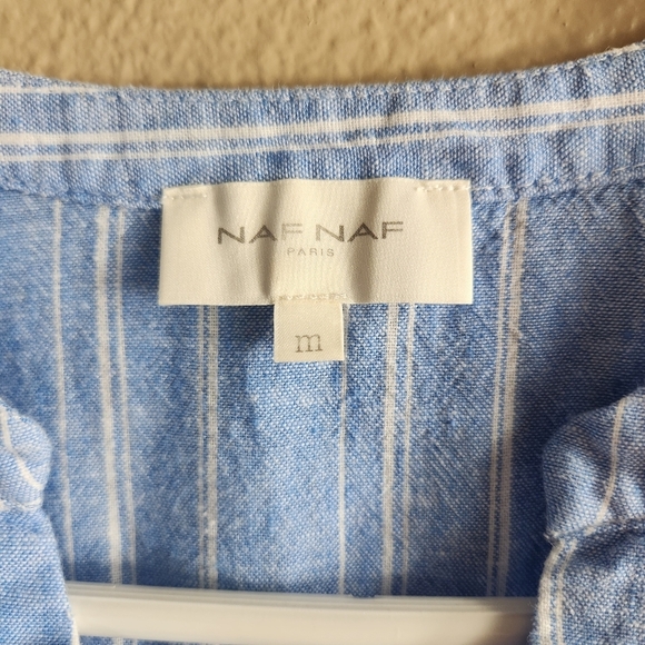 NAF NAF Paris Womens |M| Linen Blend Blue/White Stripe Sleeveless V-Neck Popover - Picture 3 of 8